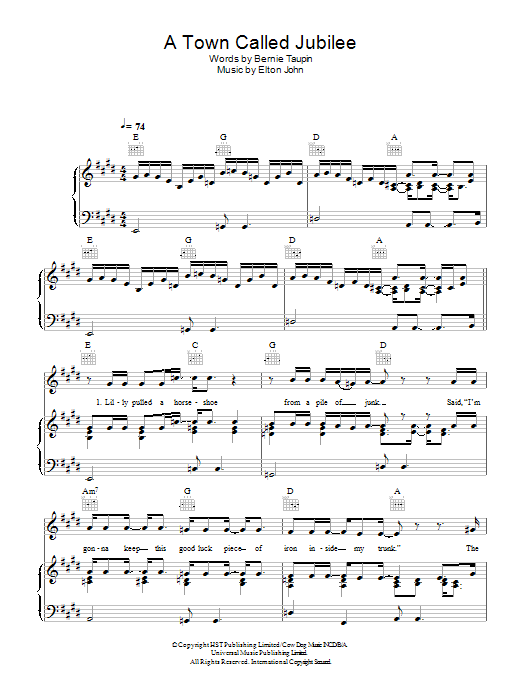 Elton John A Town Called Jubilee Sheet Music Notes & Chords for Piano, Vocal & Guitar (Right-Hand Melody) - Download or Print PDF