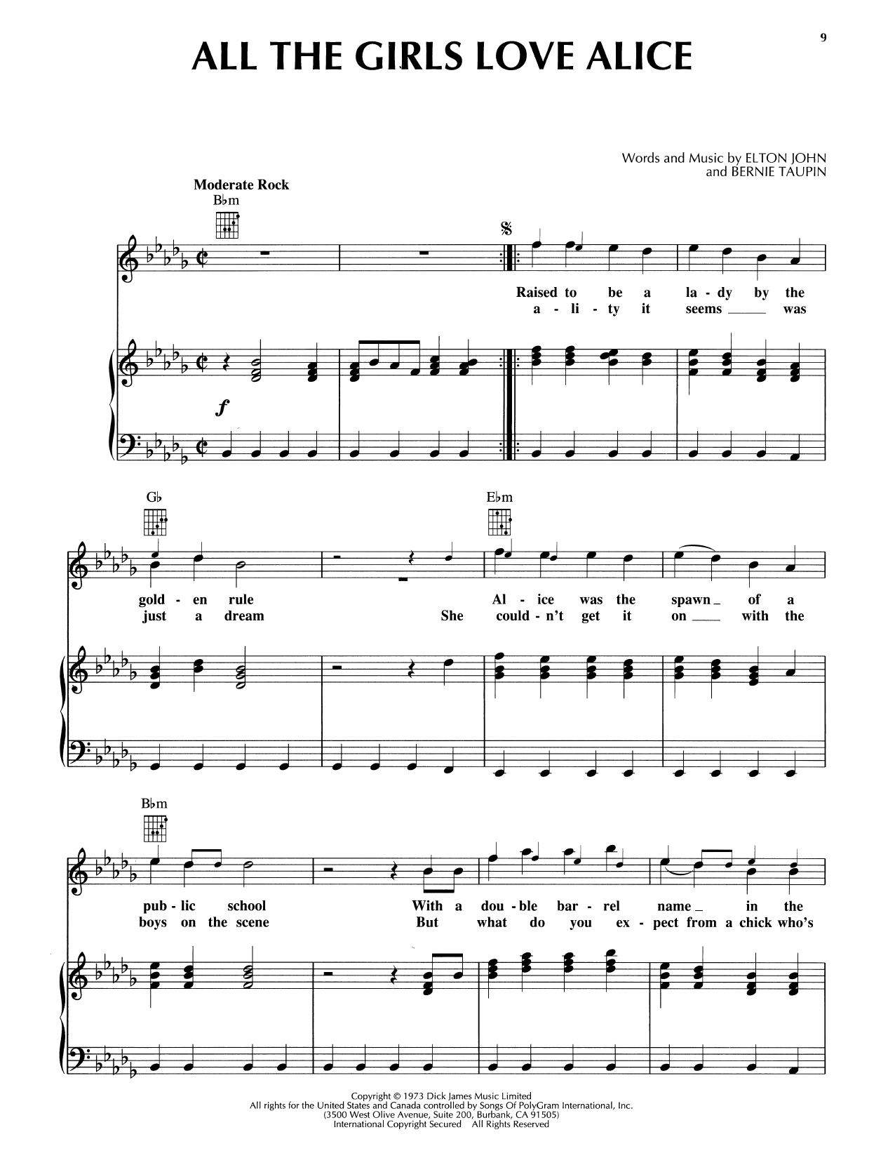 Elton John All The Girls Love Alice Sheet Music Notes & Chords for Piano, Vocal & Guitar (Right-Hand Melody) - Download or Print PDF