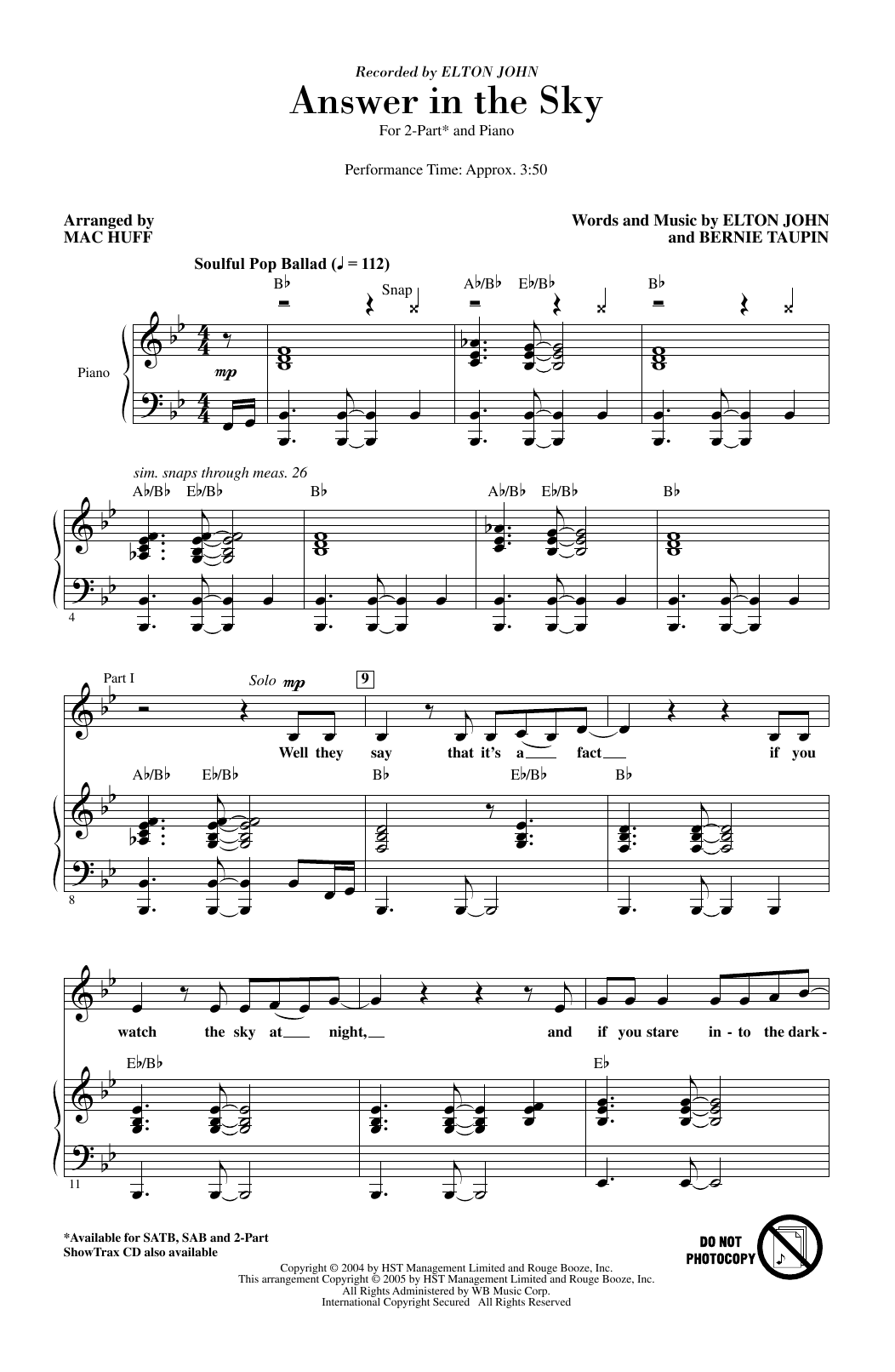 Elton John Answer In The Sky (arr. Mac Huff) Sheet Music Notes & Chords for 2-Part Choir - Download or Print PDF