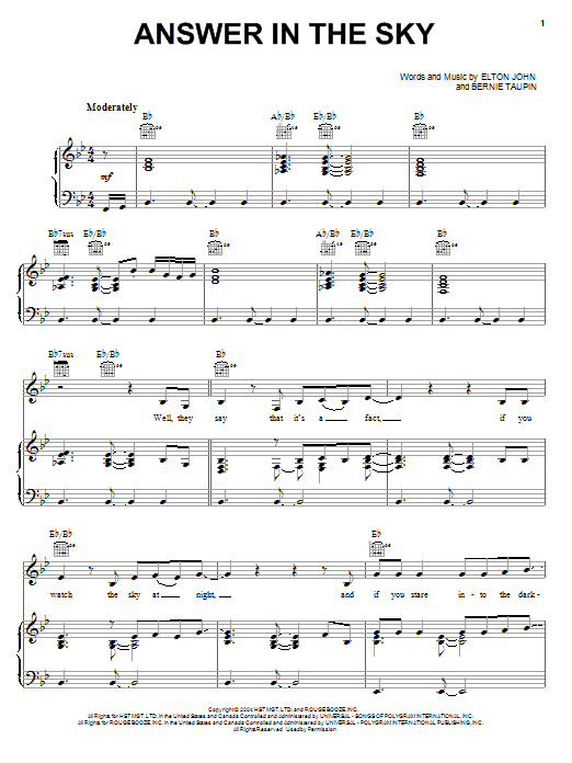 Elton John Answer In The Sky Sheet Music Notes & Chords for Easy Piano - Download or Print PDF