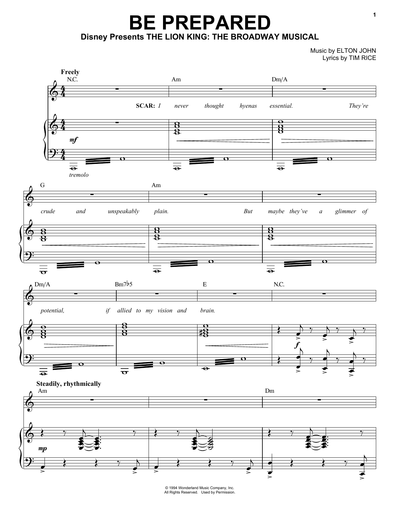 Elton John Be Prepared (from The Lion King: Broadway Musical) Sheet Music Notes & Chords for Easy Piano - Download or Print PDF