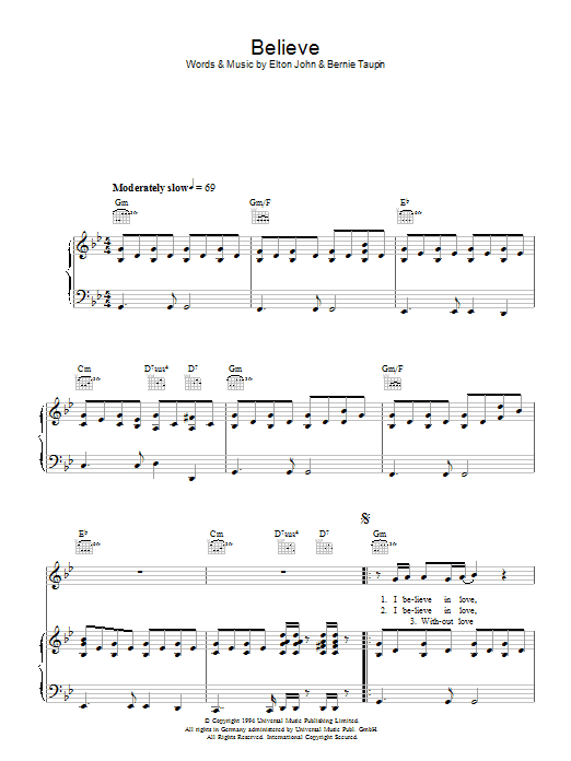 Elton John Believe Sheet Music Notes & Chords for Easy Guitar Tab - Download or Print PDF