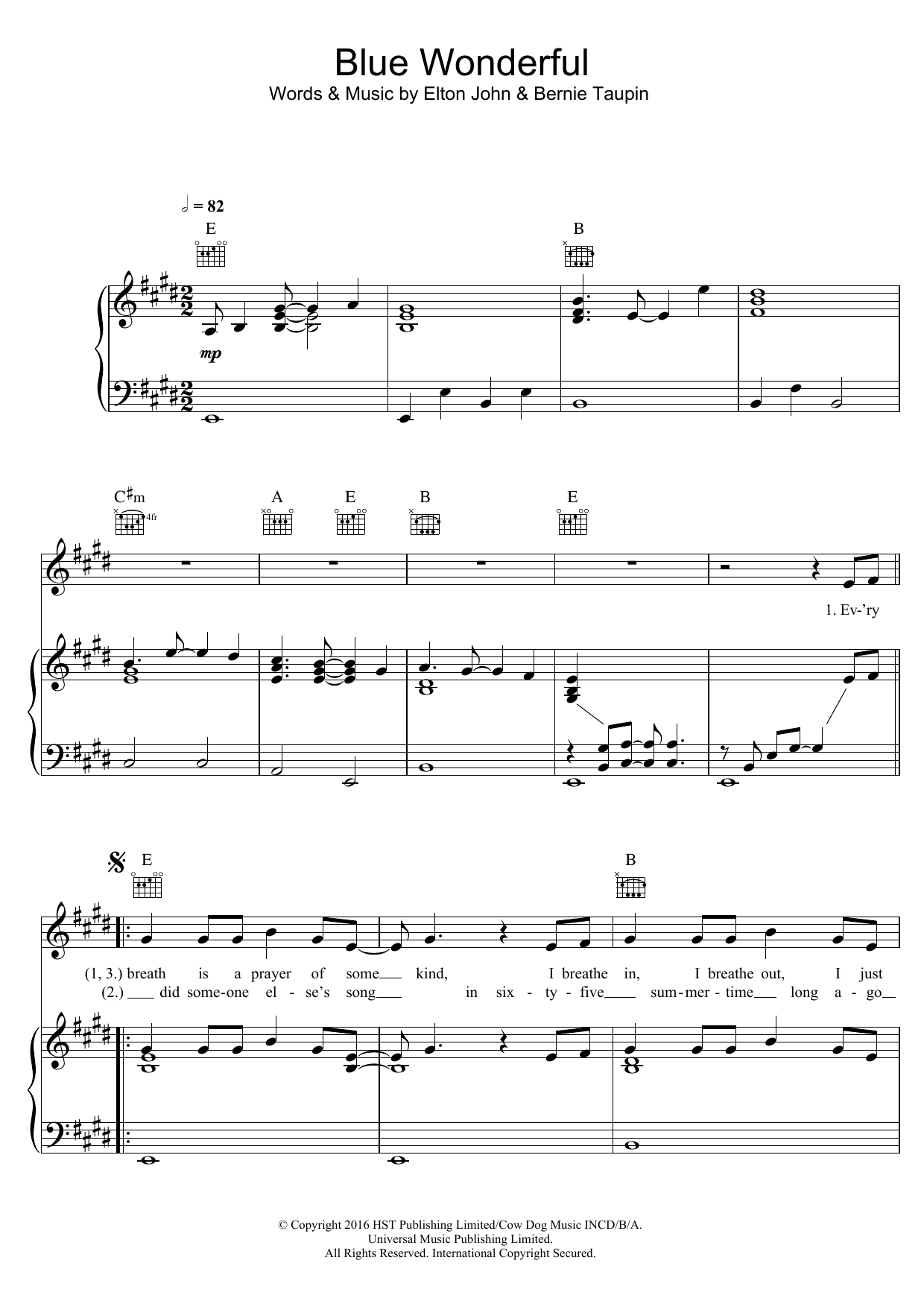 Elton John Blue Wonderful Sheet Music Notes & Chords for Piano, Vocal & Guitar (Right-Hand Melody) - Download or Print PDF