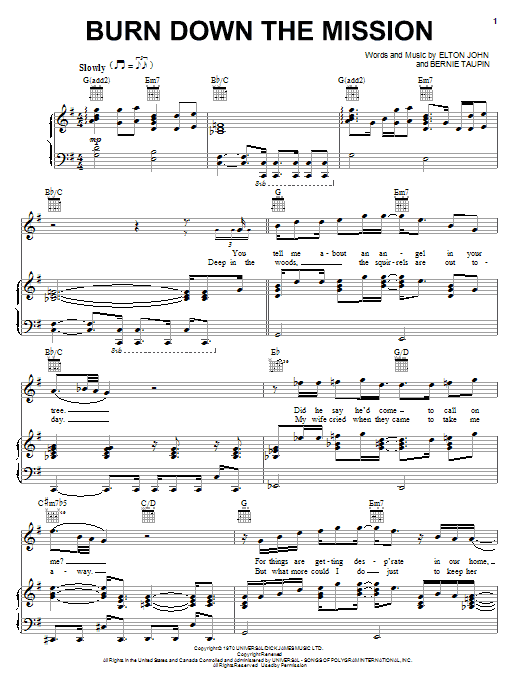 Elton John Burn Down The Mission Sheet Music Notes & Chords for Piano, Vocal & Guitar (Right-Hand Melody) - Download or Print PDF