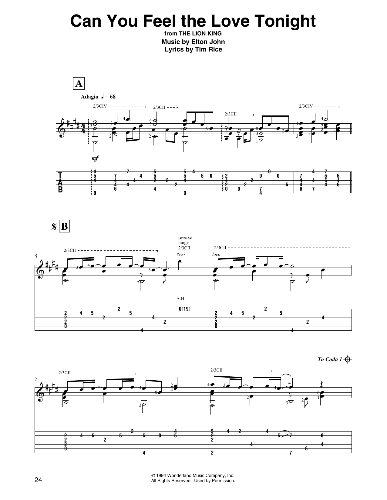 Elton John Can You Feel The Love Tonight (from Lion King) (arr. David Jaggs) Sheet Music Notes & Chords for Solo Guitar - Download or Print PDF