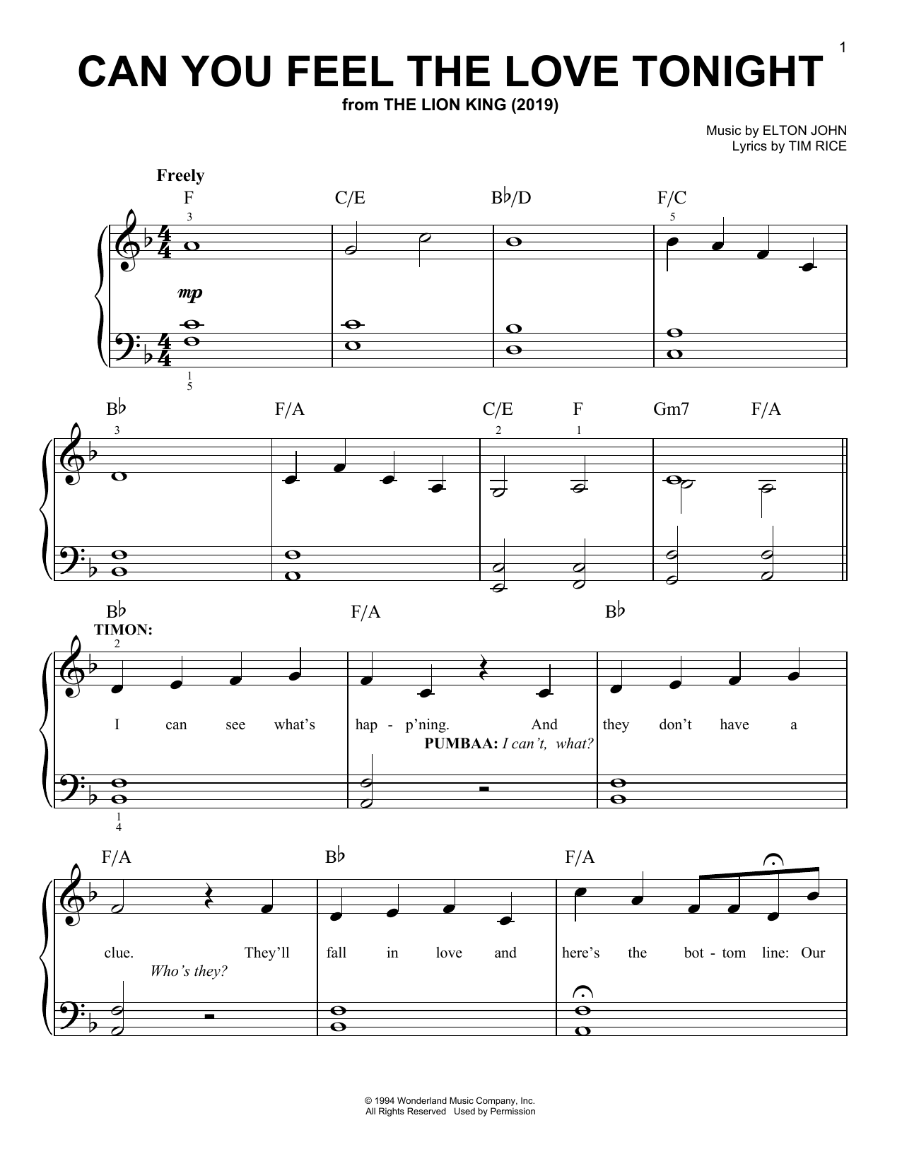 Elton John Can You Feel The Love Tonight (from The Lion King 2019) Sheet Music Notes & Chords for Piano, Vocal & Guitar (Right-Hand Melody) - Download or Print PDF