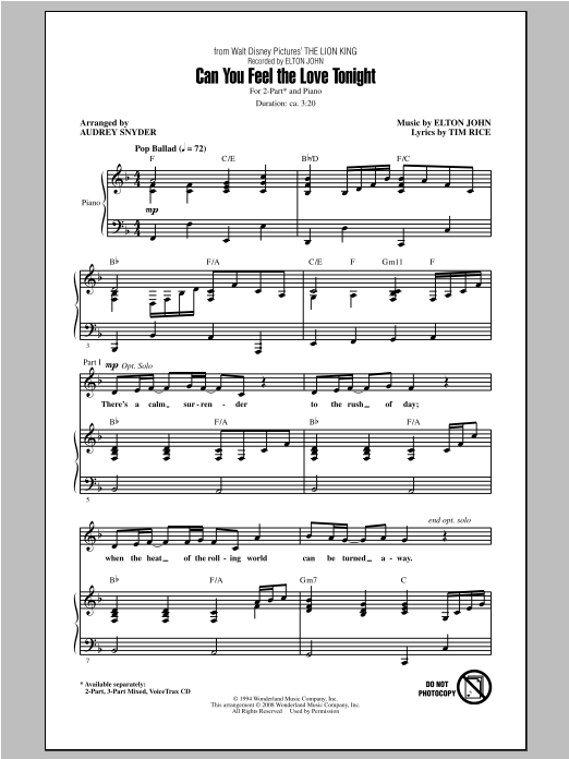 Elton John Can You Feel The Love Tonight (from The Lion King) (arr. Audrey Snyder) Sheet Music Notes & Chords for 3-Part Mixed - Download or Print PDF