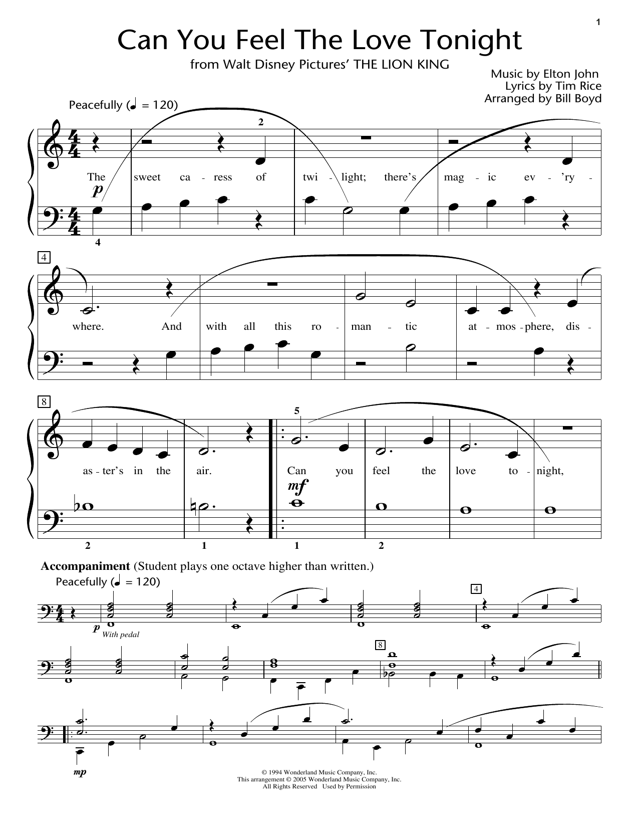 Elton John Can You Feel The Love Tonight (from The Lion King) (arr. Bill Boyd) Sheet Music Notes & Chords for Educational Piano - Download or Print PDF