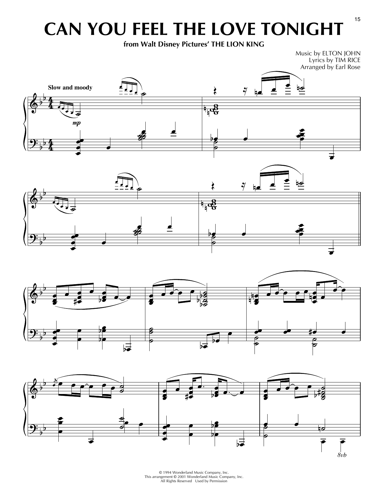 Elton John Can You Feel The Love Tonight (from The Lion King) (arr. Earl Rose) Sheet Music Notes & Chords for Piano Solo - Download or Print PDF