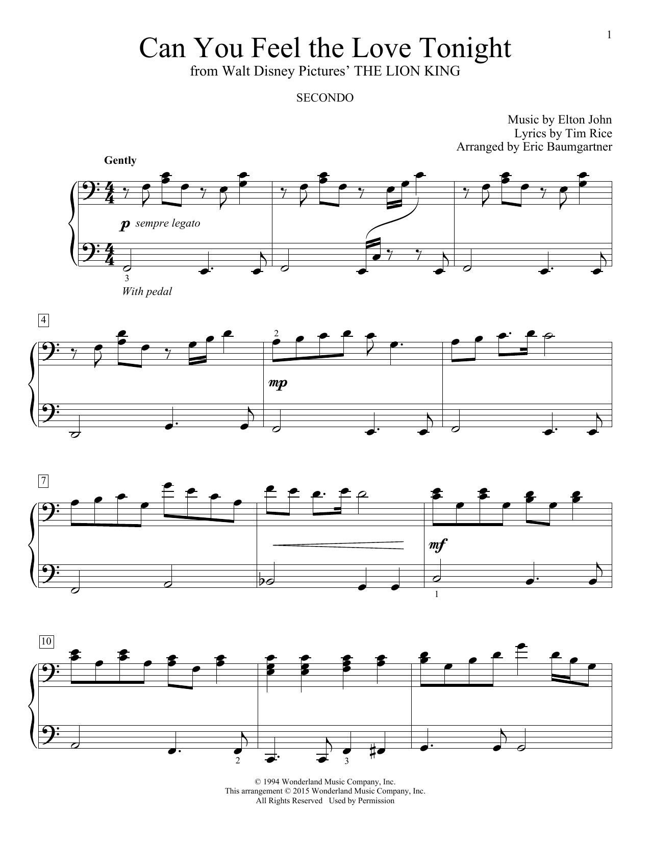 Eric Baumgartner Can You Feel The Love Tonight (from The Lion King) Sheet Music Notes & Chords for Piano Duet - Download or Print PDF