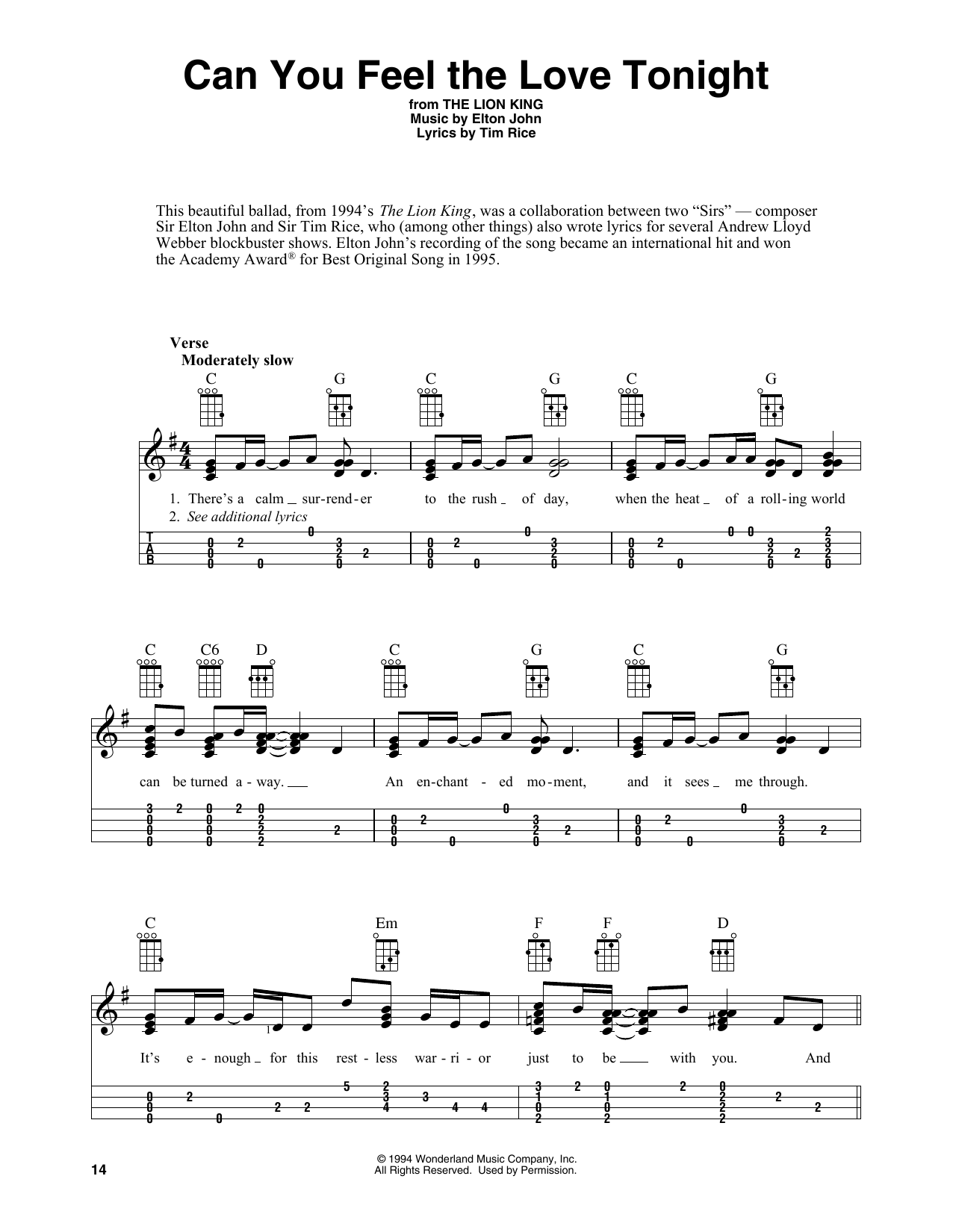 Elton John Can You Feel The Love Tonight (from The Lion King) (arr. Fred Sokolow) Sheet Music Notes & Chords for Easy Ukulele Tab - Download or Print PDF