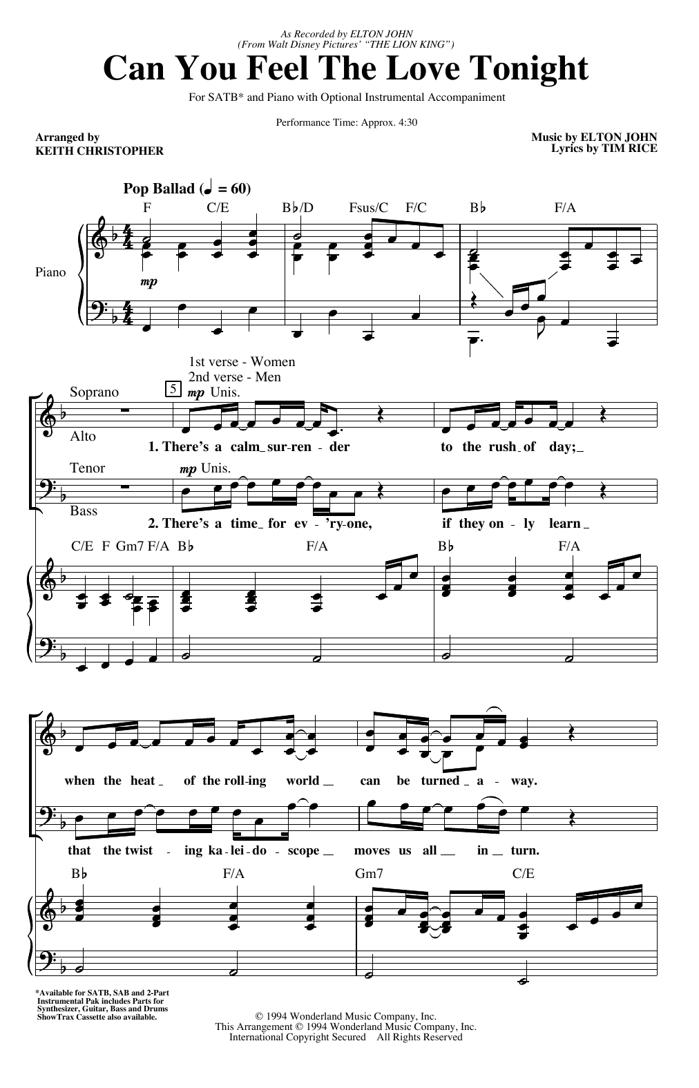 Elton John Can You Feel The Love Tonight (from The Lion King) (arr. Keith Christopher) Sheet Music Notes & Chords for SAB Choir - Download or Print PDF