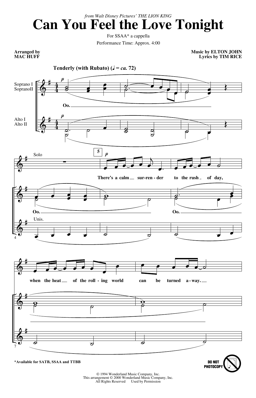 Elton John Can You Feel the Love Tonight (from The Lion King) (arr. Mac Huff) Sheet Music Notes & Chords for SSA Choir - Download or Print PDF