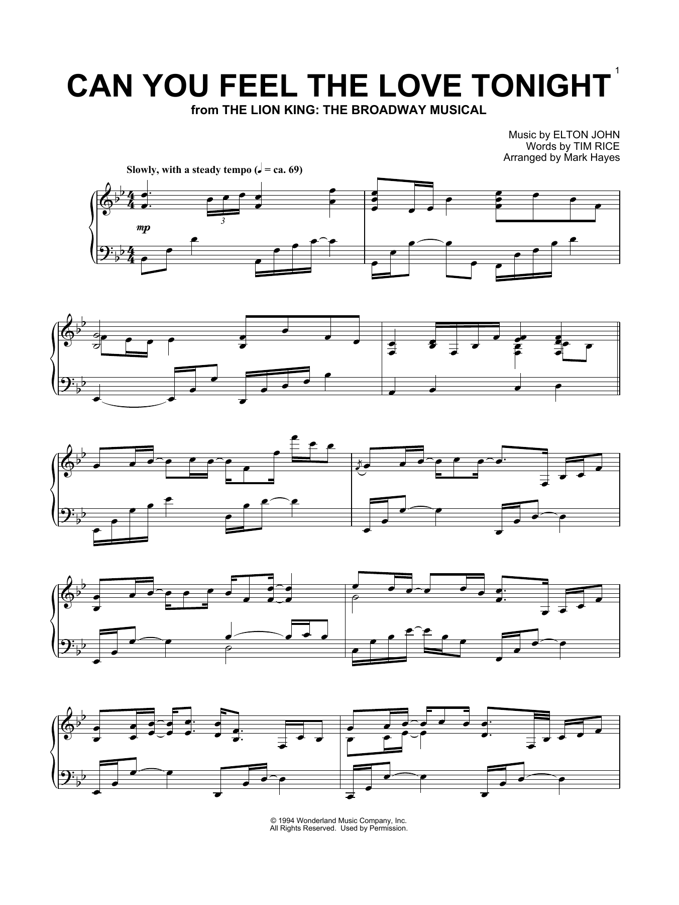 Elton John Can You Feel The Love Tonight (from The Lion King) (arr. Mark Hayes) Sheet Music Notes & Chords for Piano Solo - Download or Print PDF