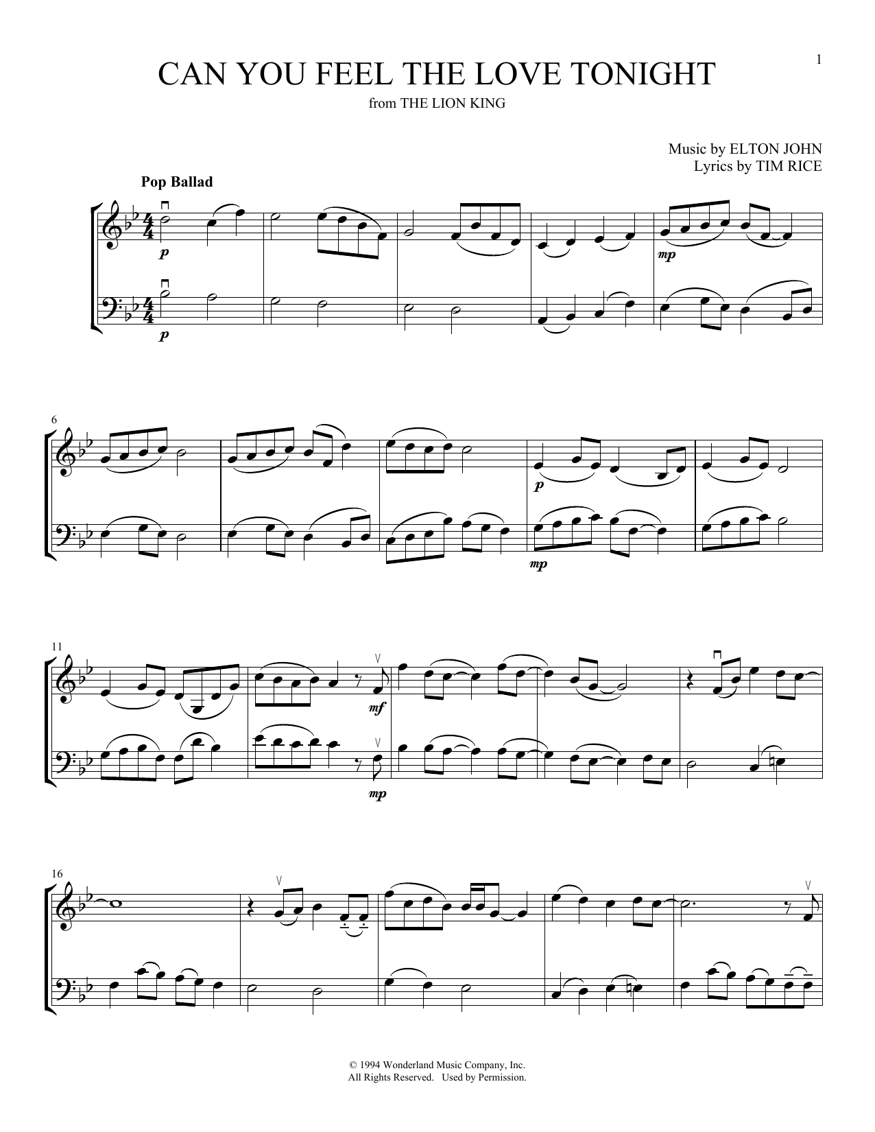 Elton John Can You Feel The Love Tonight (from The Lion King) (arr. Michelle Hynson) Sheet Music Notes & Chords for Instrumental Duet - Download or Print PDF