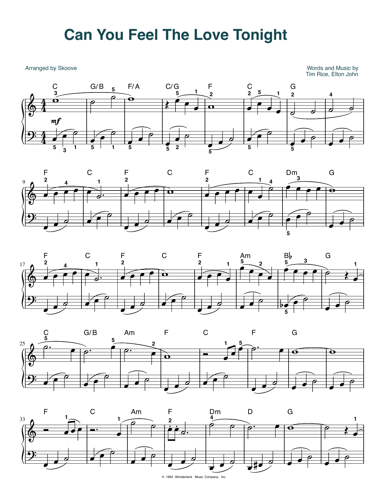 Elton John Can You Feel The Love Tonight (from The Lion King) (arr. Skoove) Sheet Music Notes & Chords for Easy Piano - Download or Print PDF