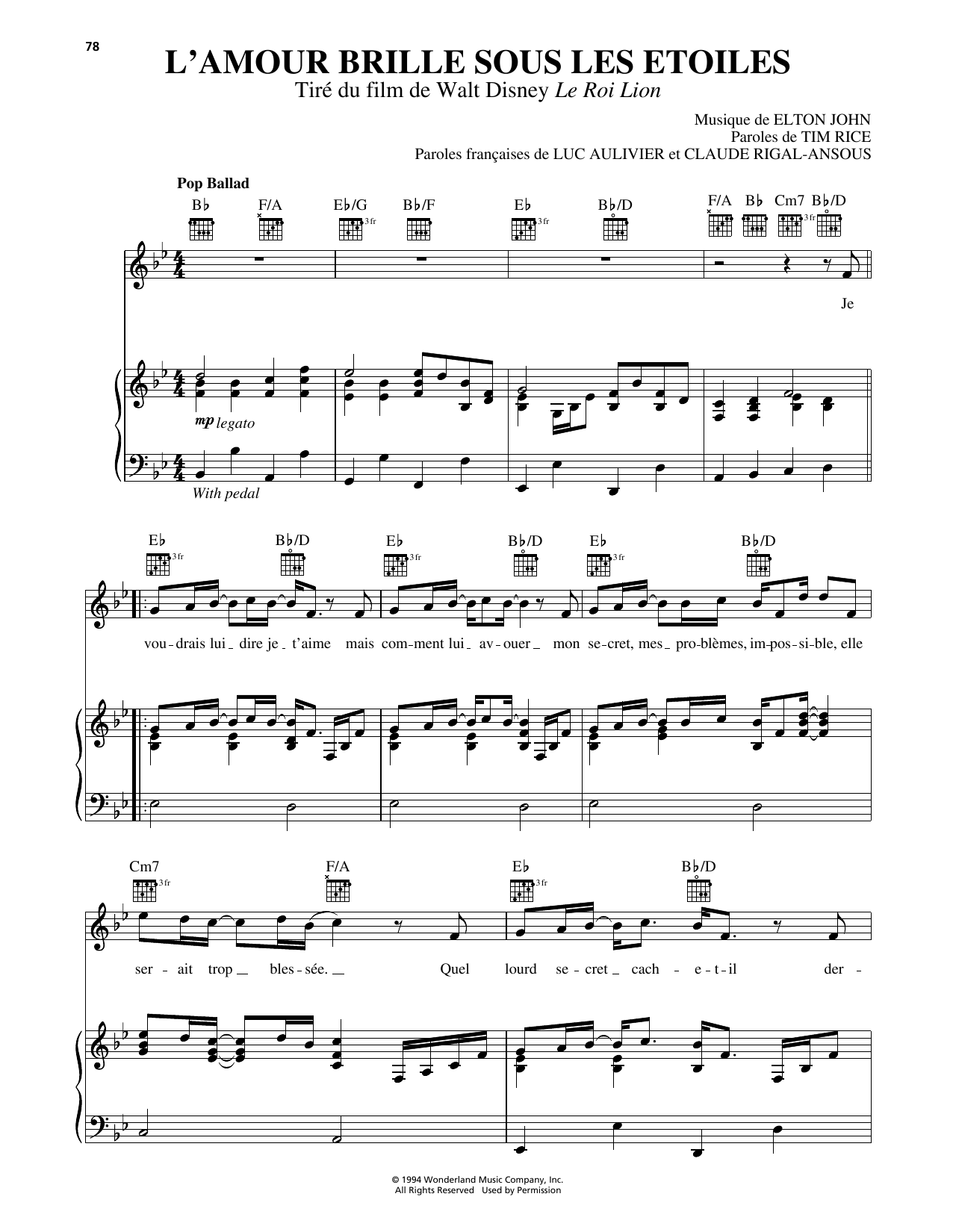 Elton John Can You Feel The Love Tonight (from The Lion King) [French version] Sheet Music Notes & Chords for Piano, Vocal & Guitar (Right-Hand Melody) - Download or Print PDF