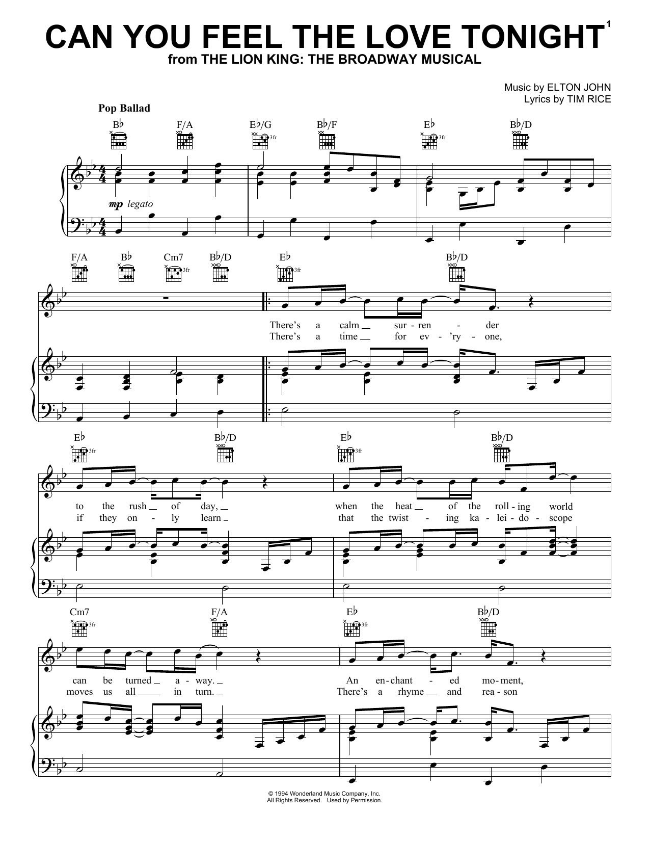 Elton John Can You Feel The Love Tonight (from The Lion King) Sheet Music Notes & Chords for Piano Solo - Download or Print PDF