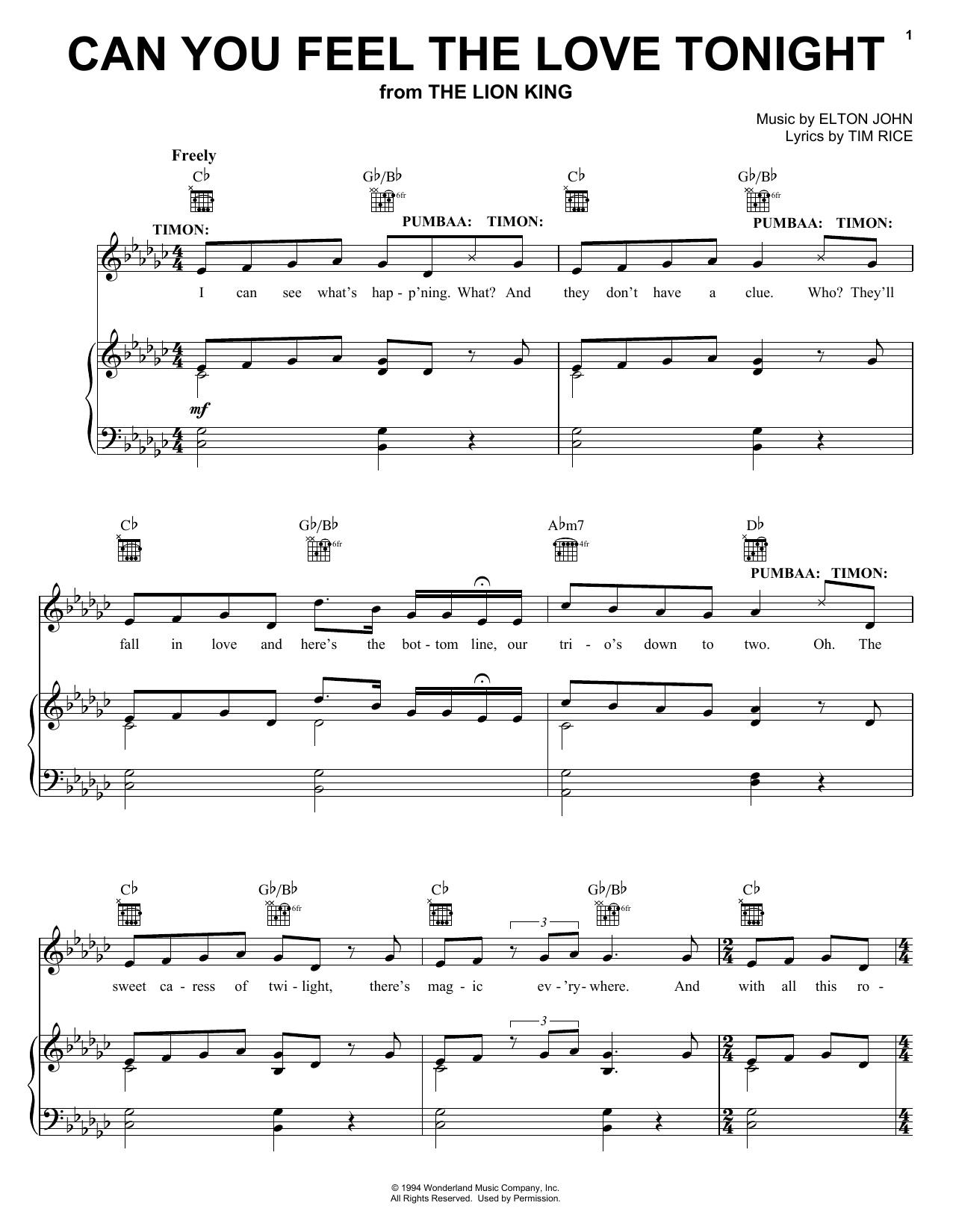 Elton John Can You Feel The Love Tonight (from The Lion King: Broadway Musical) Sheet Music Notes & Chords for Easy Piano - Download or Print PDF