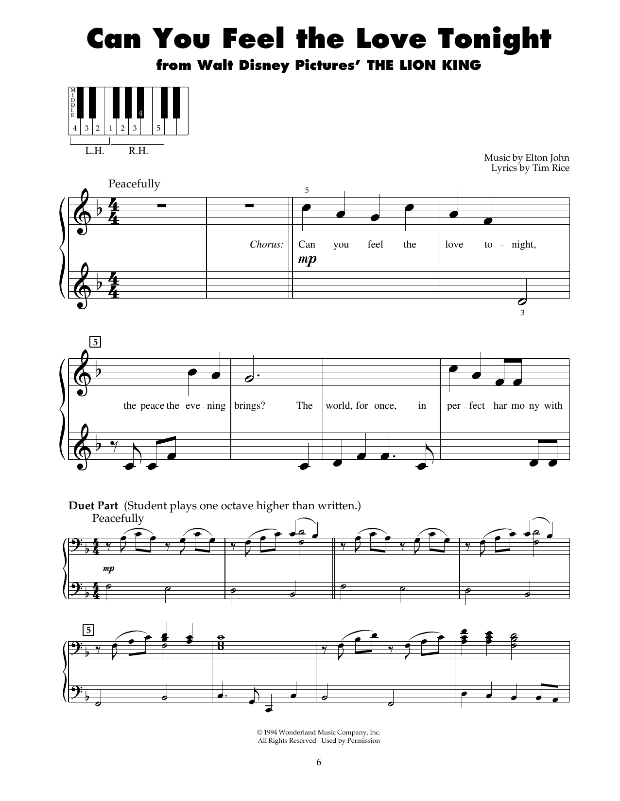 Elton John Can You Feel The Love Tonight Sheet Music Notes & Chords for 5-Finger Piano - Download or Print PDF