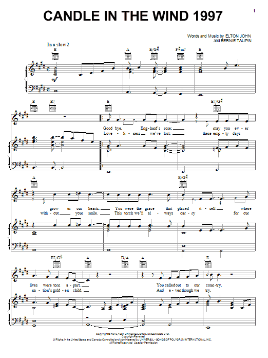 Elton John Candle In The Wind 1997 Sheet Music Notes & Chords for Lyrics & Chords - Download or Print PDF