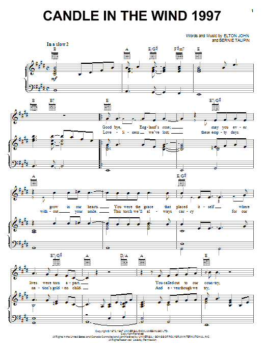 Elton John Candle In The Wind 1997 Sheet Music Notes & Chords for Voice - Download or Print PDF