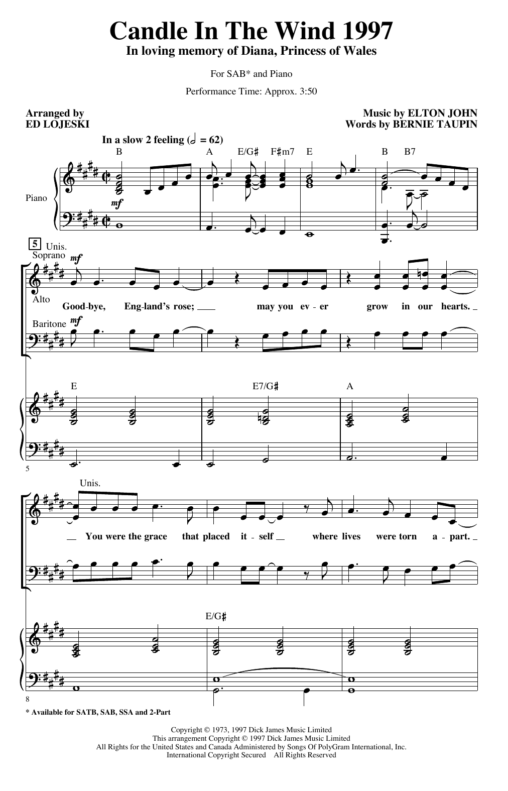 Elton John Candle In The Wind (arr. Ed Lojeski) Sheet Music Notes & Chords for SSA Choir - Download or Print PDF