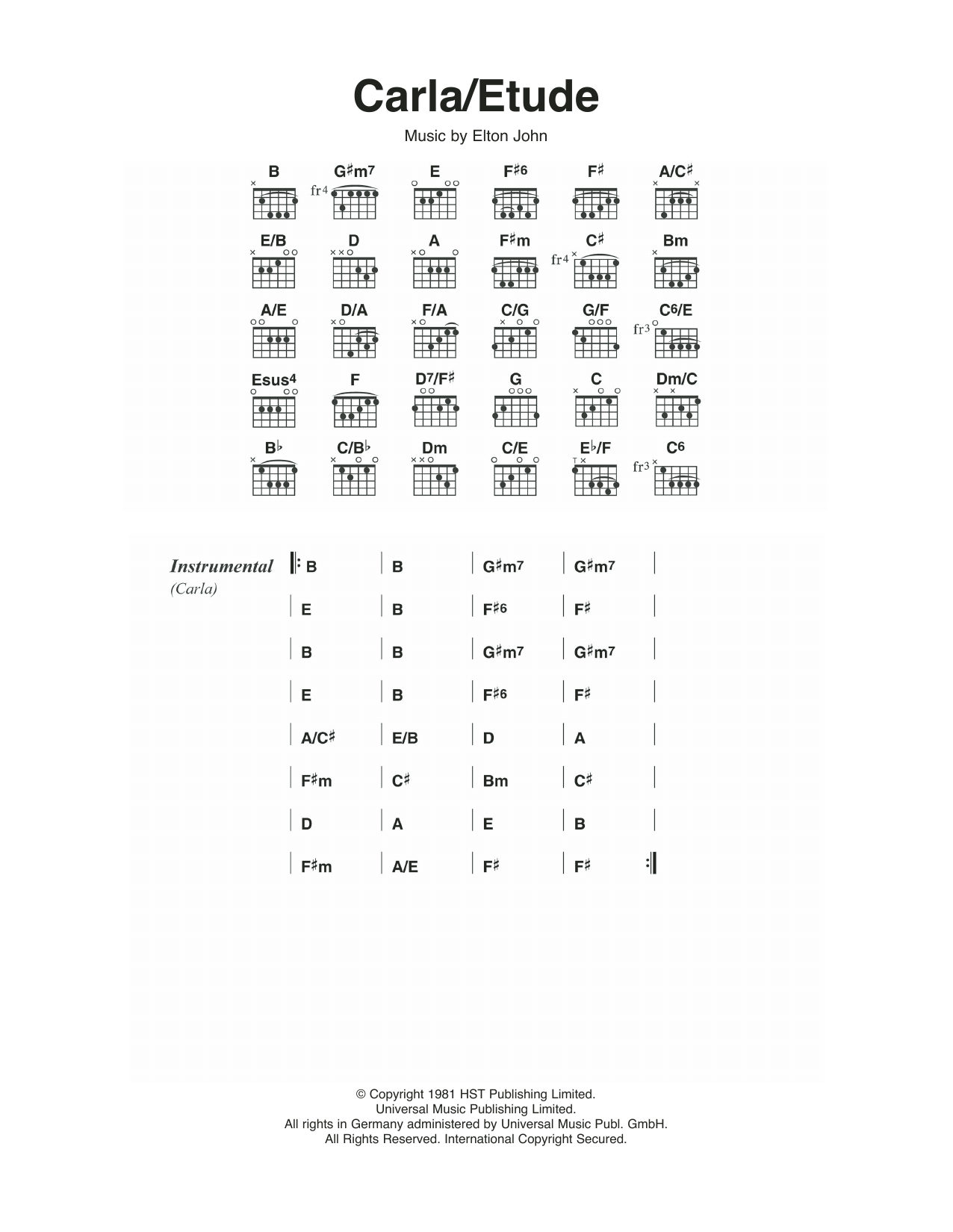 Elton John Carla/Etude Sheet Music Notes & Chords for Guitar Chords/Lyrics - Download or Print PDF