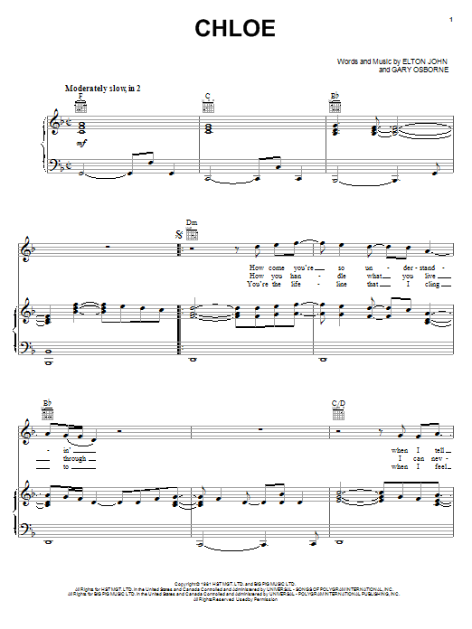 Elton John Chloe Sheet Music Notes & Chords for Lyrics & Chords - Download or Print PDF