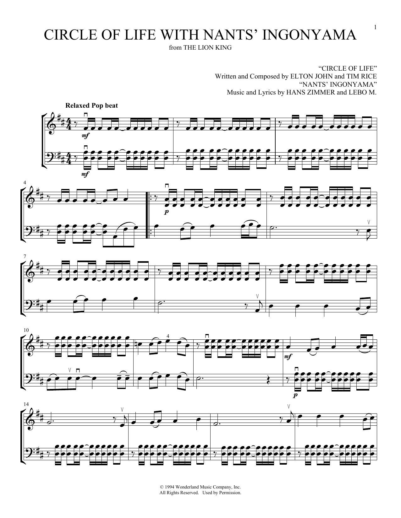 Elton John Circle Of Life (from The Lion King) (arr. Michelle Hynson) Sheet Music Notes & Chords for Instrumental Duet - Download or Print PDF
