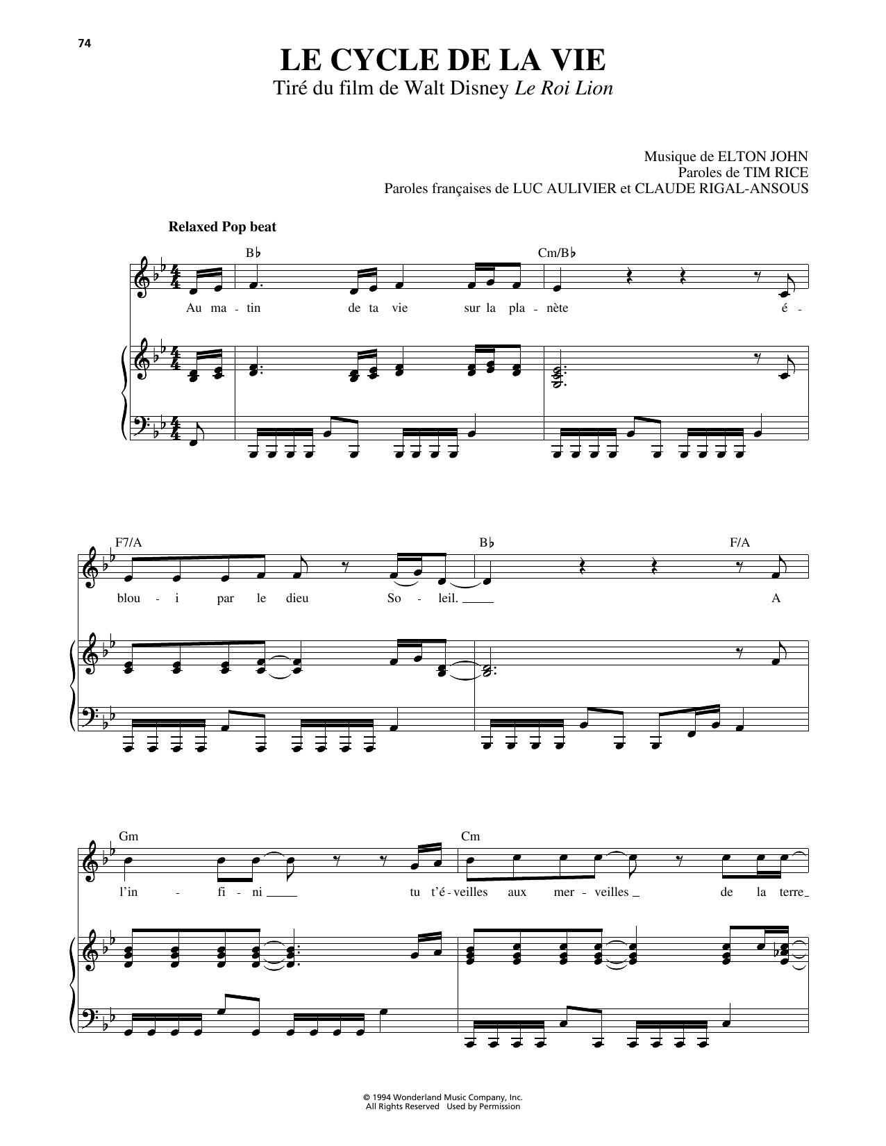 Elton John Circle Of Life (from The Lion King) [French version] Sheet Music Notes & Chords for Piano, Vocal & Guitar (Right-Hand Melody) - Download or Print PDF