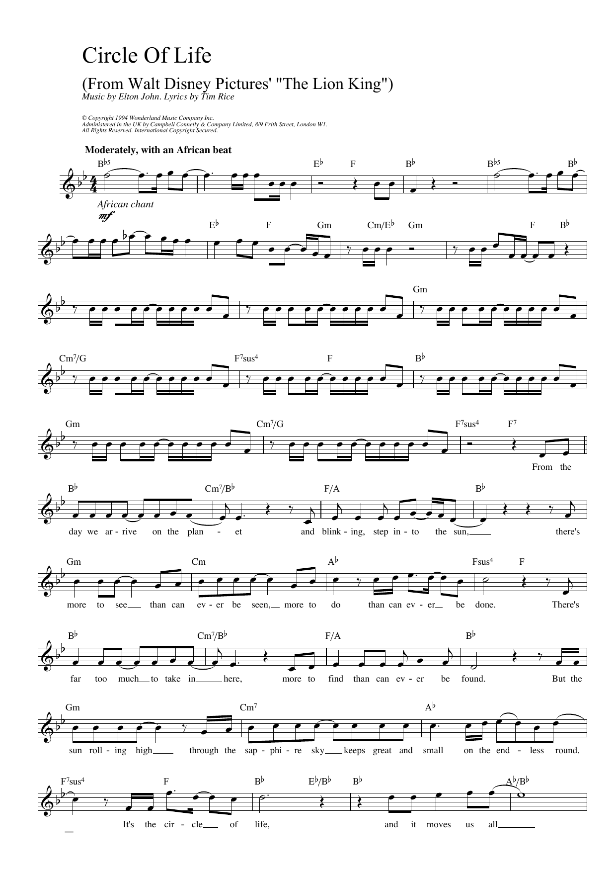 Elton John Circle Of Life Sheet Music Notes & Chords for Alto Saxophone - Download or Print PDF