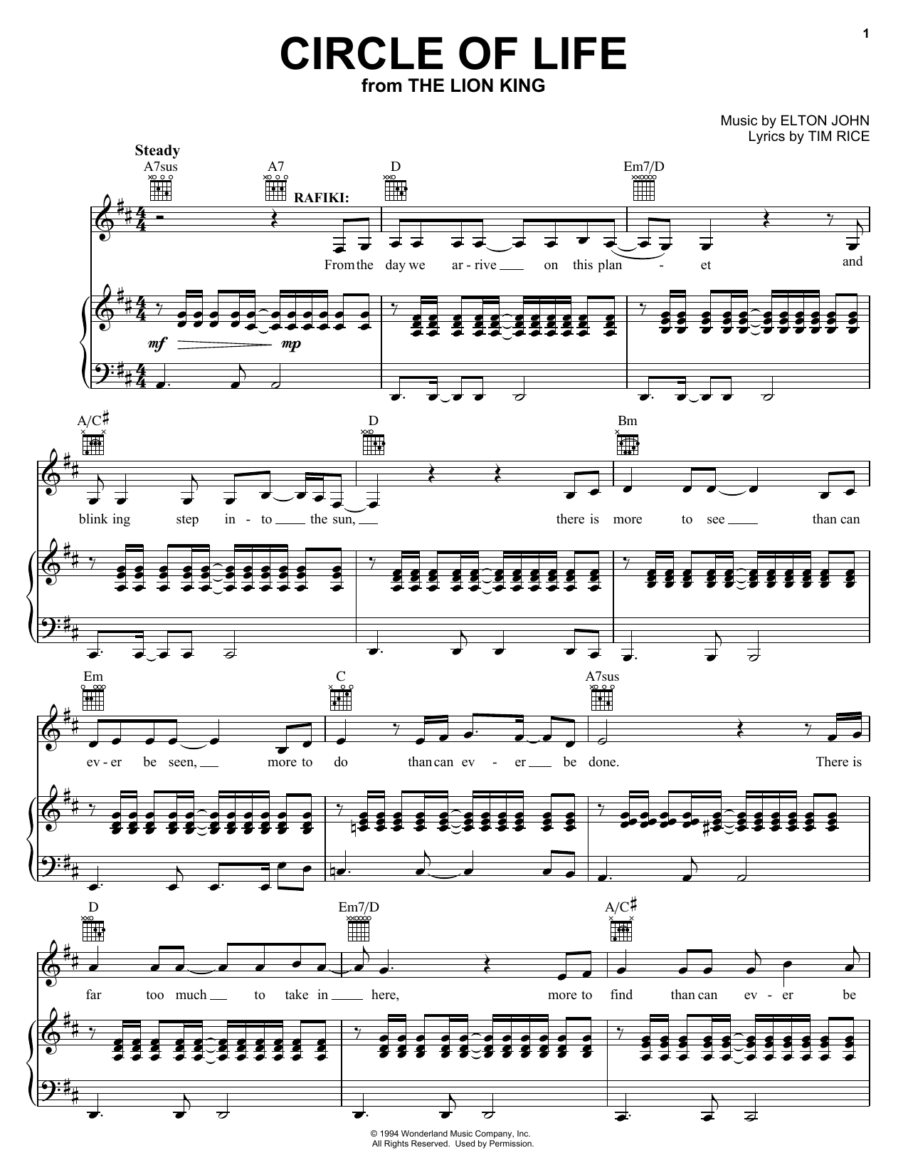 Elton John Circle Of Life (from The Lion King: Broadway Musical) Sheet Music Notes & Chords for Piano, Vocal & Guitar (Right-Hand Melody) - Download or Print PDF