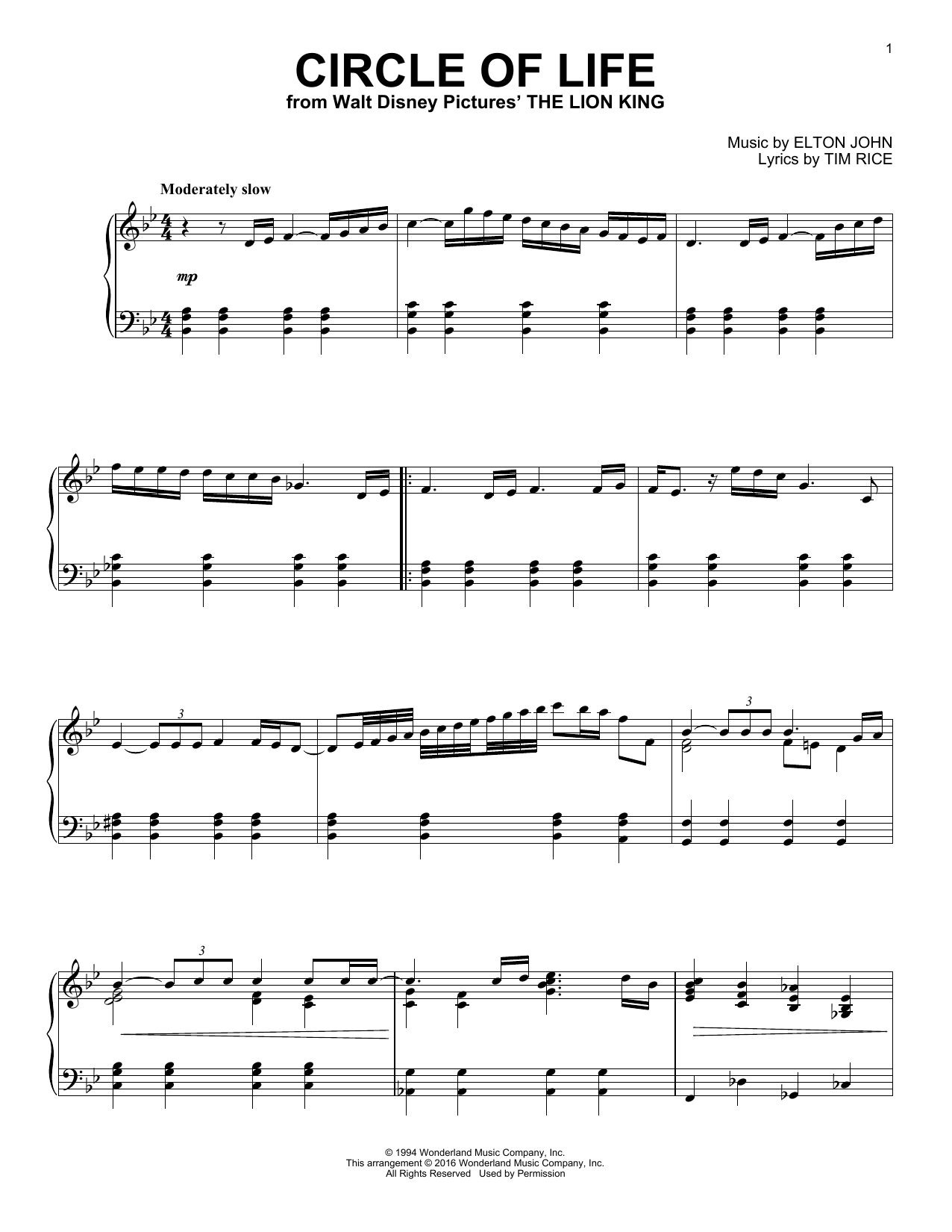 Elton John Circle Of Life [Jazz version] (from Disney's The Lion King) Sheet Music Notes & Chords for Piano - Download or Print PDF