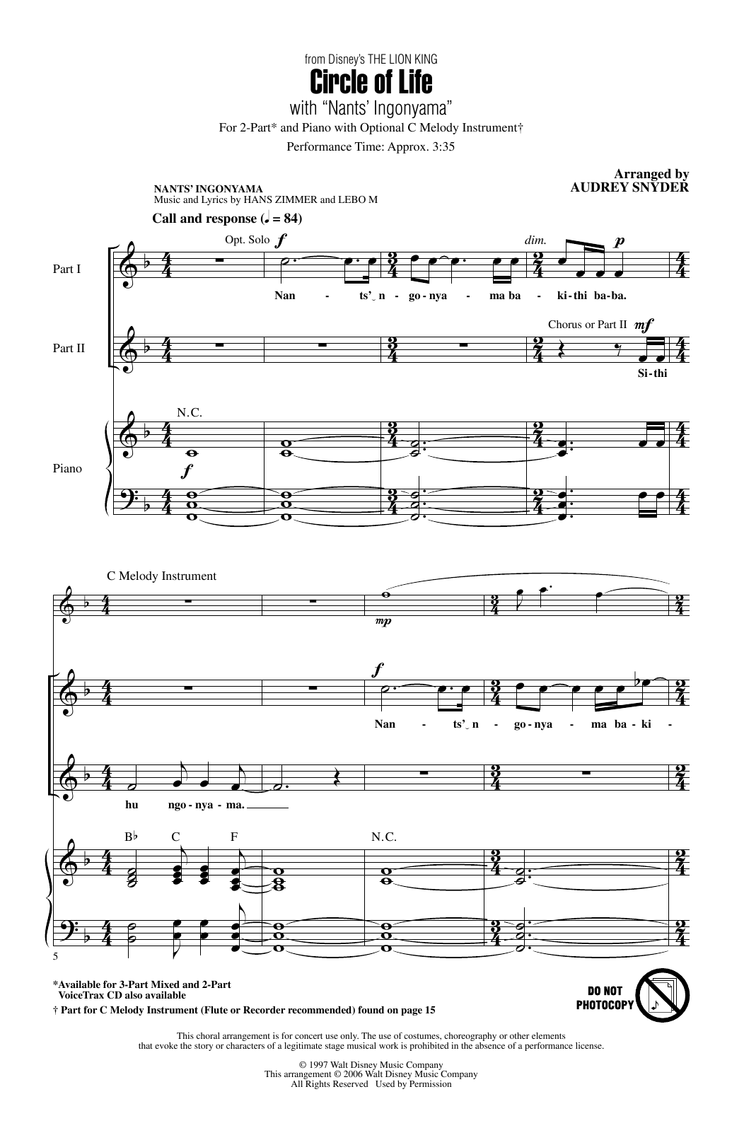 Elton John Circle Of Life (with Nants' Ingonyama) (from The Lion King) (Arr. Audrey Snyder) Sheet Music Notes & Chords for 2-Part Choir - Download or Print PDF