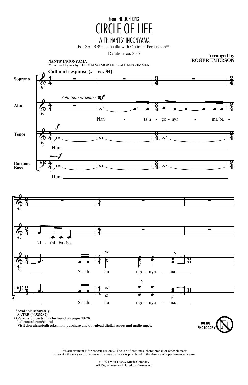 Elton John Circle Of Life (with Nants' Ingonyama) (from The Lion King) (arr. Roger Emerson) Sheet Music Notes & Chords for SATB Choir - Download or Print PDF