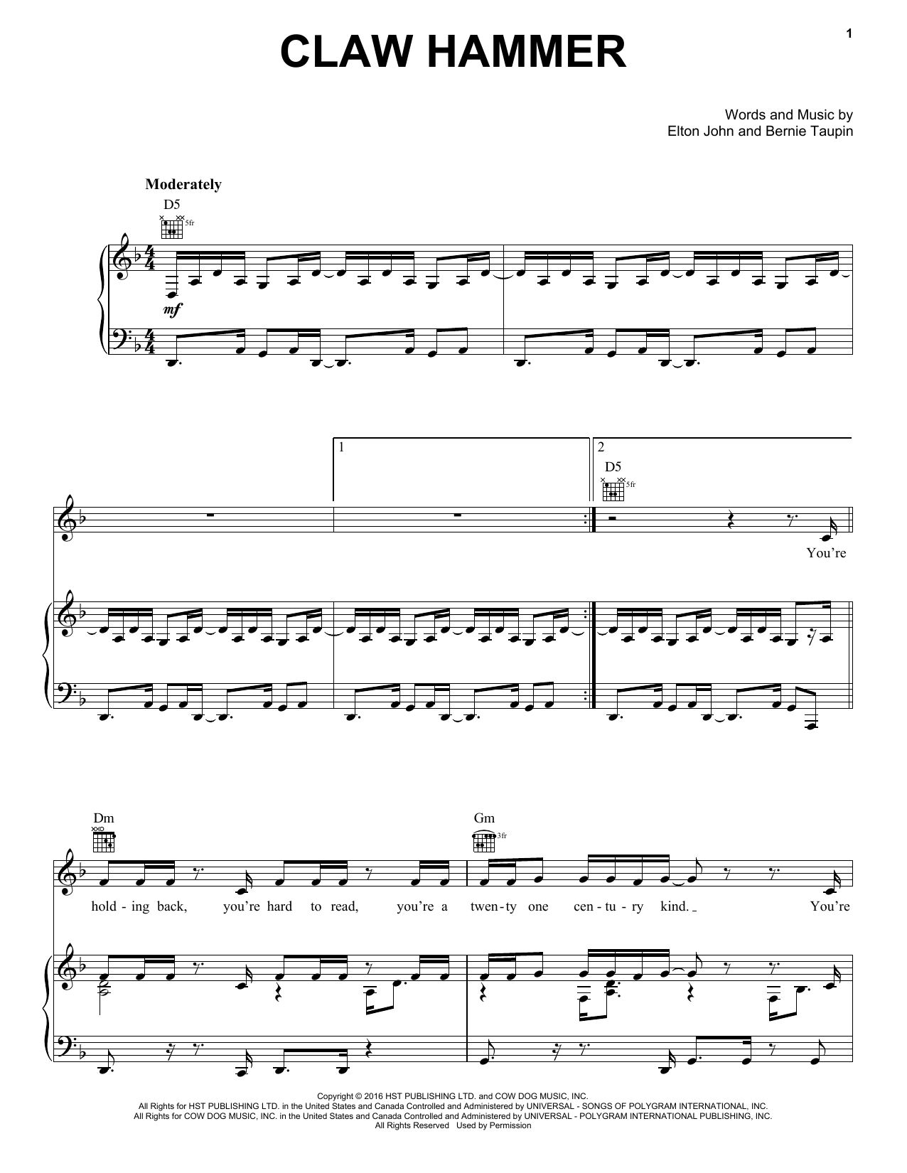 Elton John Claw Hammer Sheet Music Notes & Chords for Piano, Vocal & Guitar (Right-Hand Melody) - Download or Print PDF