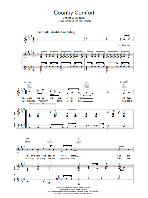 Elton John Country Comfort Sheet Music Notes & Chords for Lyrics & Chords - Download or Print PDF