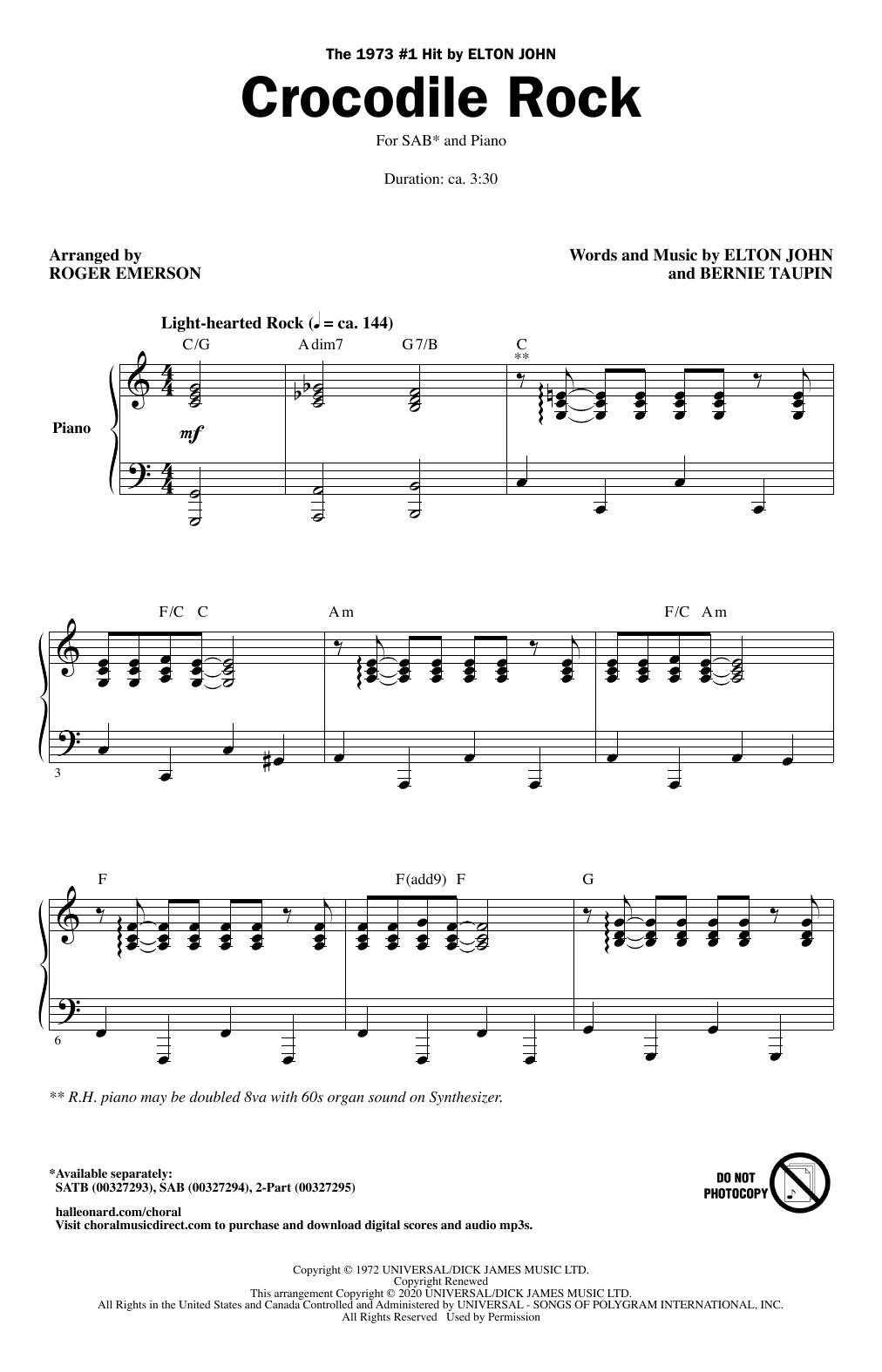 Elton John Crocodile Rock (arr. Roger Emerson) Sheet Music Notes & Chords for SAB Choir - Download or Print PDF