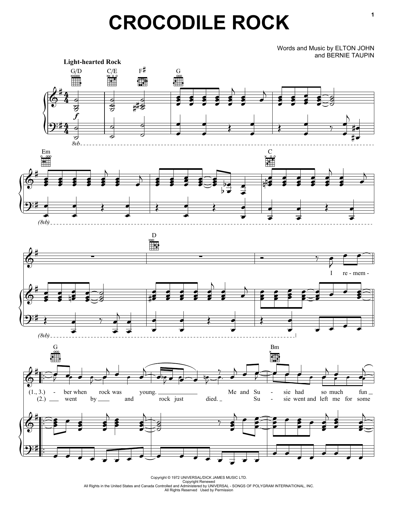 Elton John Crocodile Rock Sheet Music Notes & Chords for Piano, Vocal & Guitar (Right-Hand Melody) - Download or Print PDF