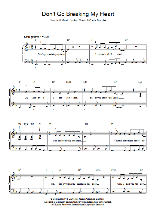 Elton John Don't Go Breaking My Heart Sheet Music Notes & Chords for Keyboard Transcription - Download or Print PDF