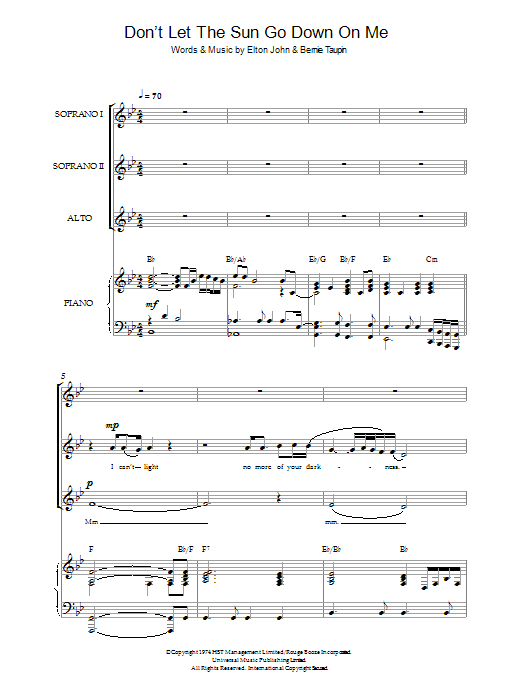 Elton John Don't Let The Sun Go Down On Me (arr. Christopher Hussey) Sheet Music Notes & Chords for SSA - Download or Print PDF