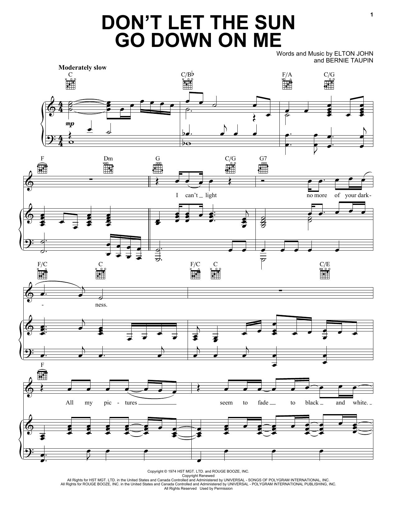 Elton John Don't Let The Sun Go Down On Me Sheet Music Notes & Chords for Piano, Vocal & Guitar (Right-Hand Melody) - Download or Print PDF