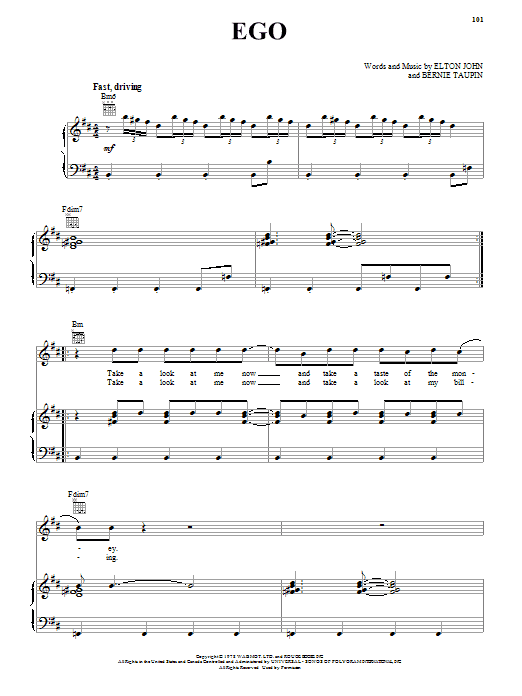 Elton John Ego Sheet Music Notes & Chords for Piano, Vocal & Guitar (Right-Hand Melody) - Download or Print PDF