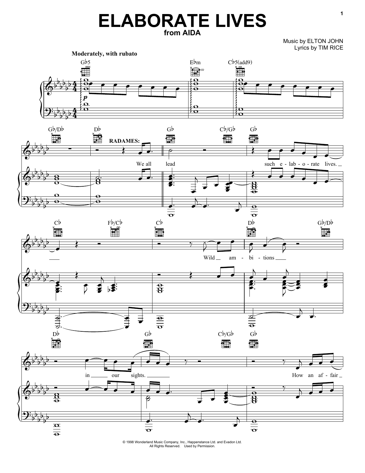 Elton John Elaborate Lives Sheet Music Notes & Chords for Melody Line, Lyrics & Chords - Download or Print PDF