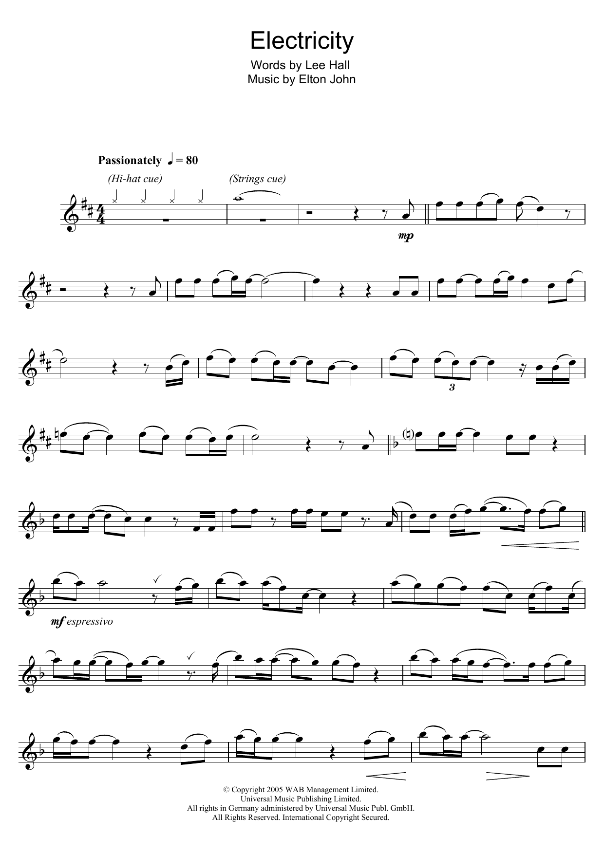 Elton John Electricity (from Billy Elliot: The Musical) Sheet Music Notes & Chords for Clarinet - Download or Print PDF