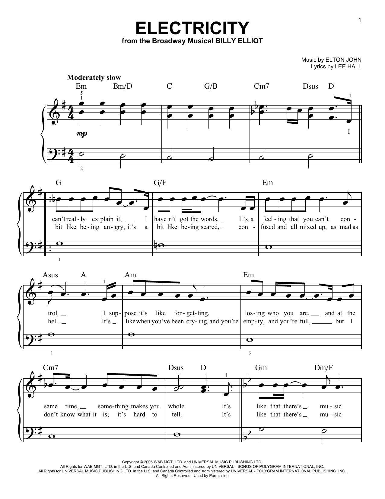 Elton John Electricity (from the musical Billy Elliot) Sheet Music Notes & Chords for Very Easy Piano - Download or Print PDF