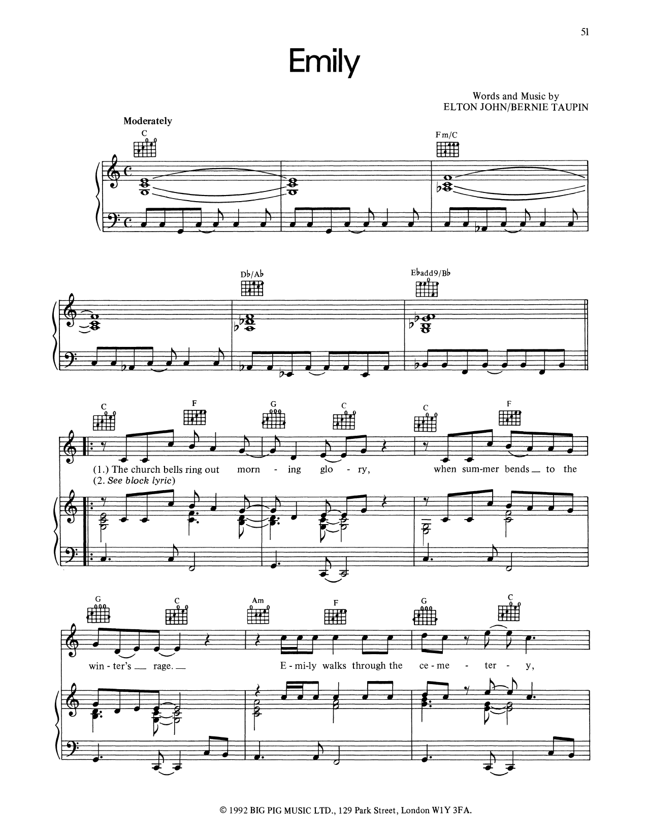 Elton John Emily Sheet Music Notes & Chords for Piano, Vocal & Guitar (Right-Hand Melody) - Download or Print PDF