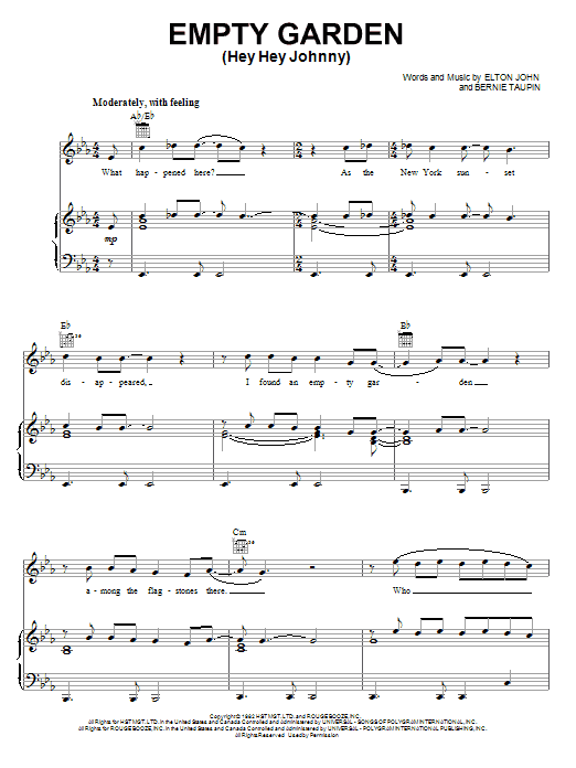 Elton John Empty Garden (Hey Hey Johnny) Sheet Music Notes & Chords for Melody Line, Lyrics & Chords - Download or Print PDF