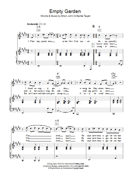 Elton John Empty Garden Sheet Music Notes & Chords for Piano, Vocal & Guitar - Download or Print PDF